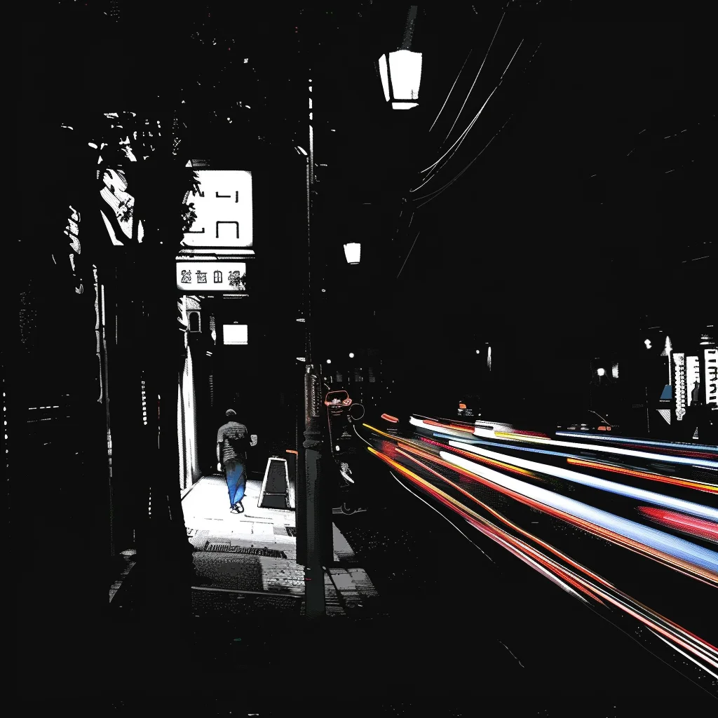 Nighttime street scene with fast-moving cars