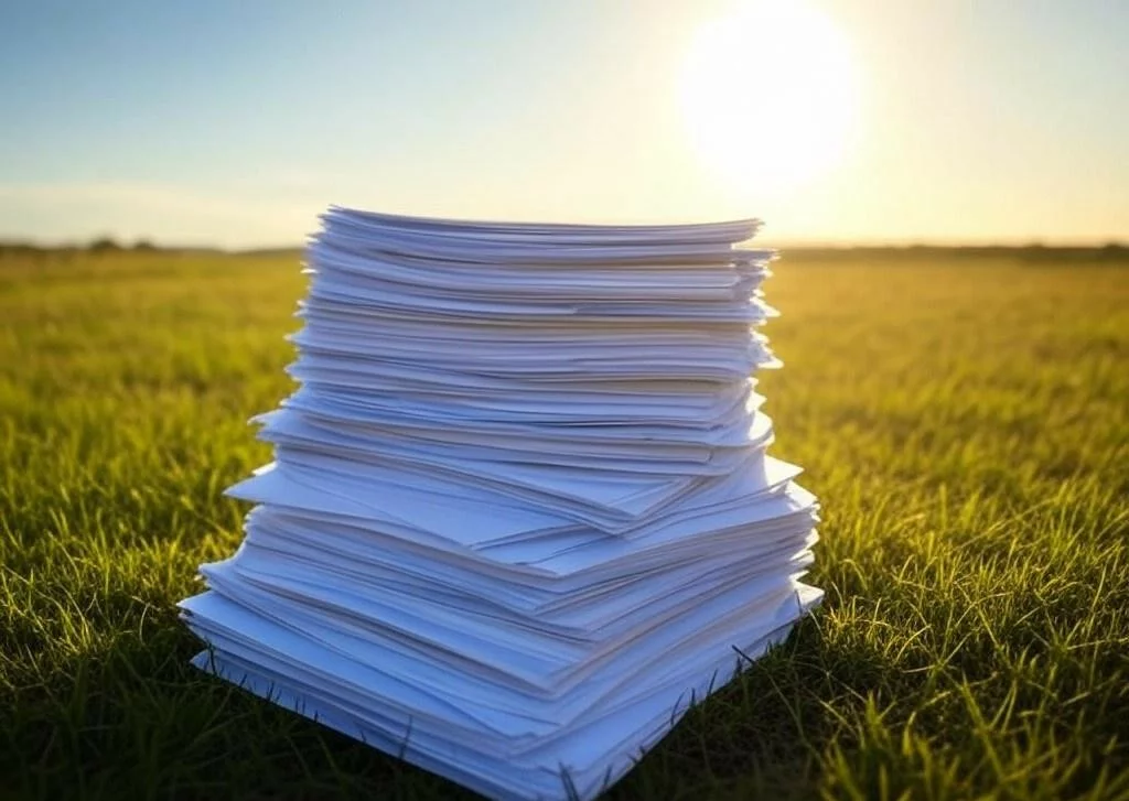 Pile of documents resting on the grass