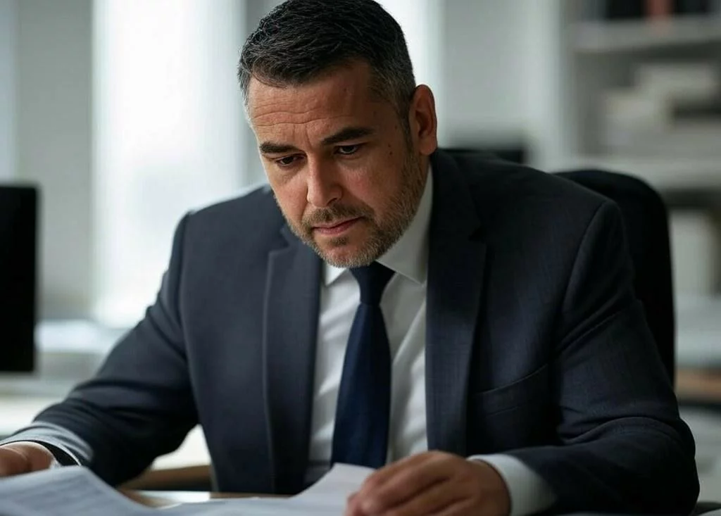 Compliance officer reviewing documents in an office setting