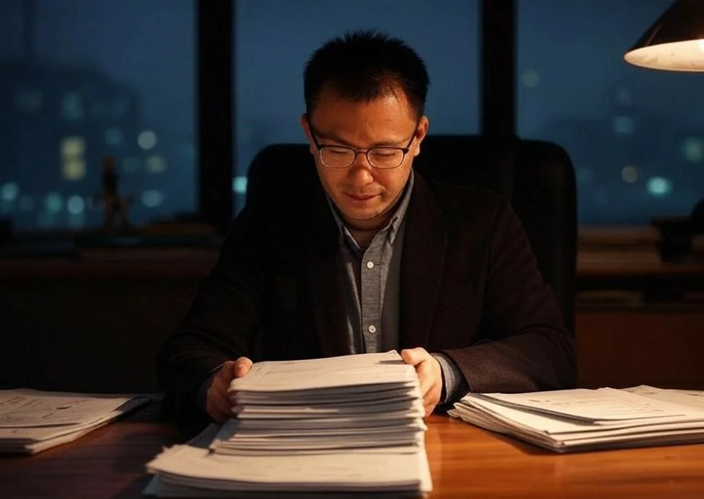 Office employee organizes documents for processing