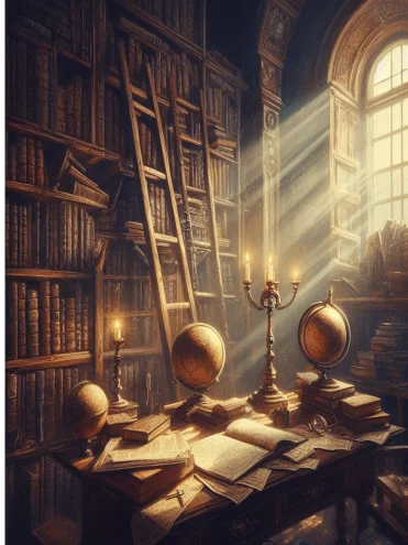 Interior of a vintage library with shelves filled with books and flickering candles.